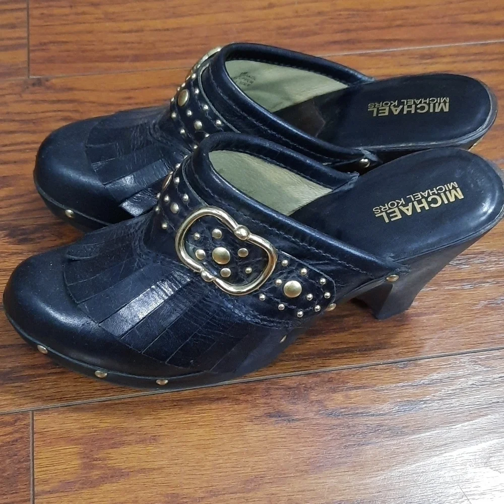 Michael Kors Black Gold Studded Fringe Heeled Mules - Picture 2 of 7